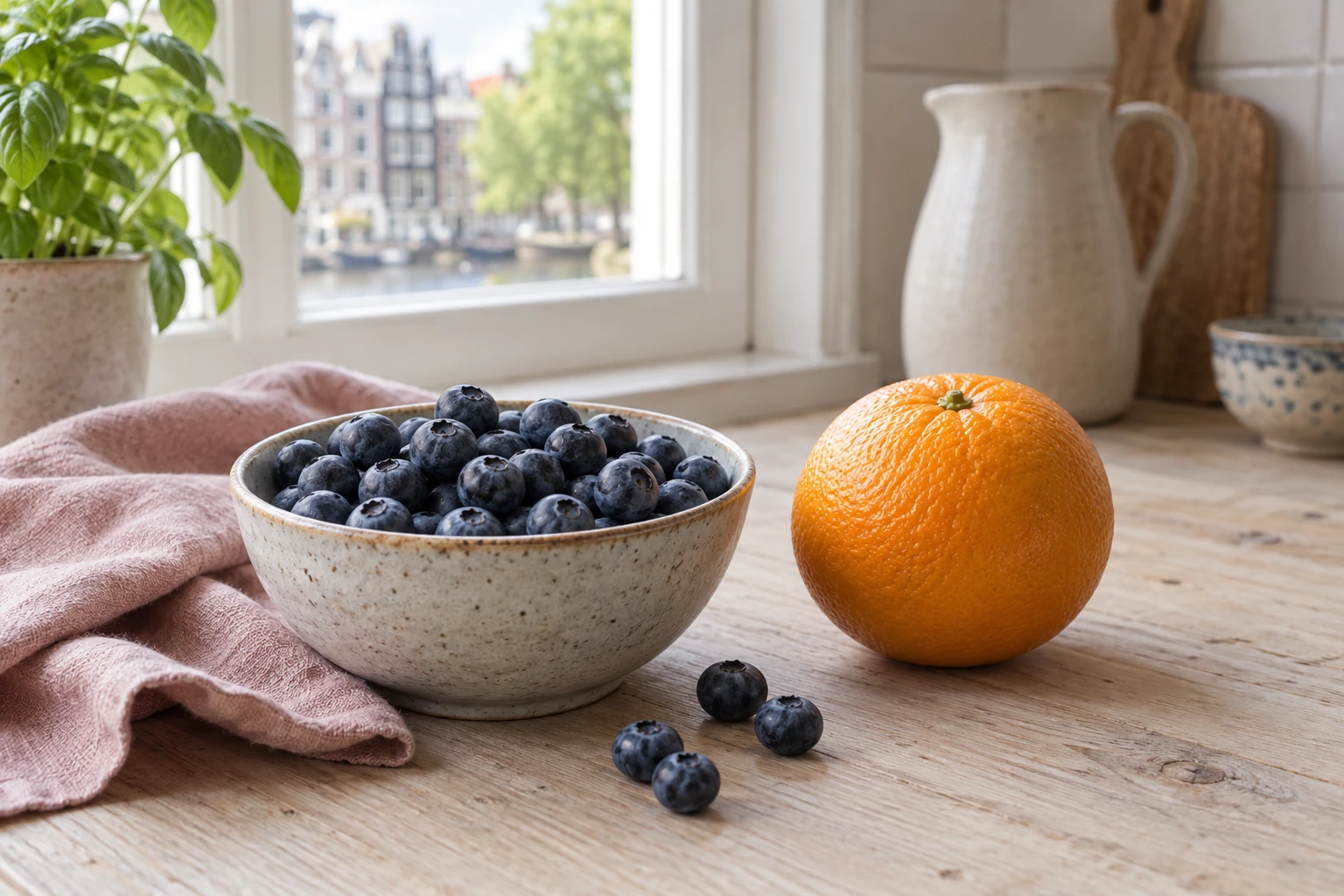 Schaal met blauwe bessen naast sinaasappel op houten aanrecht bij raam