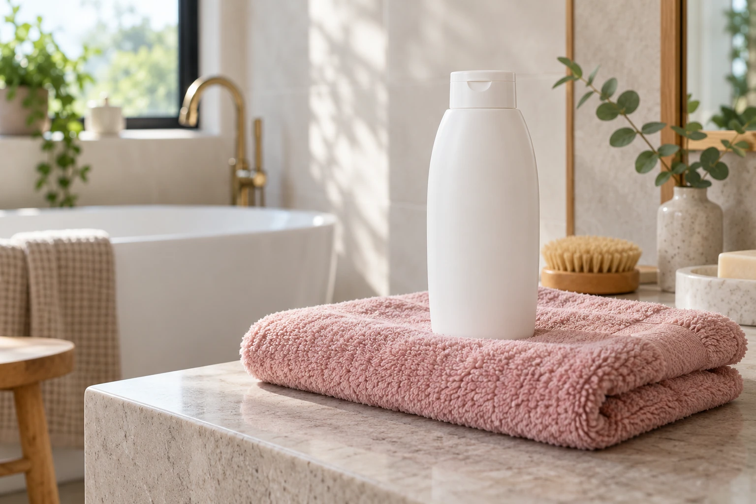 Witte shampoofles op roze handdoek op badkamerblad, bad en plant op achtergrond