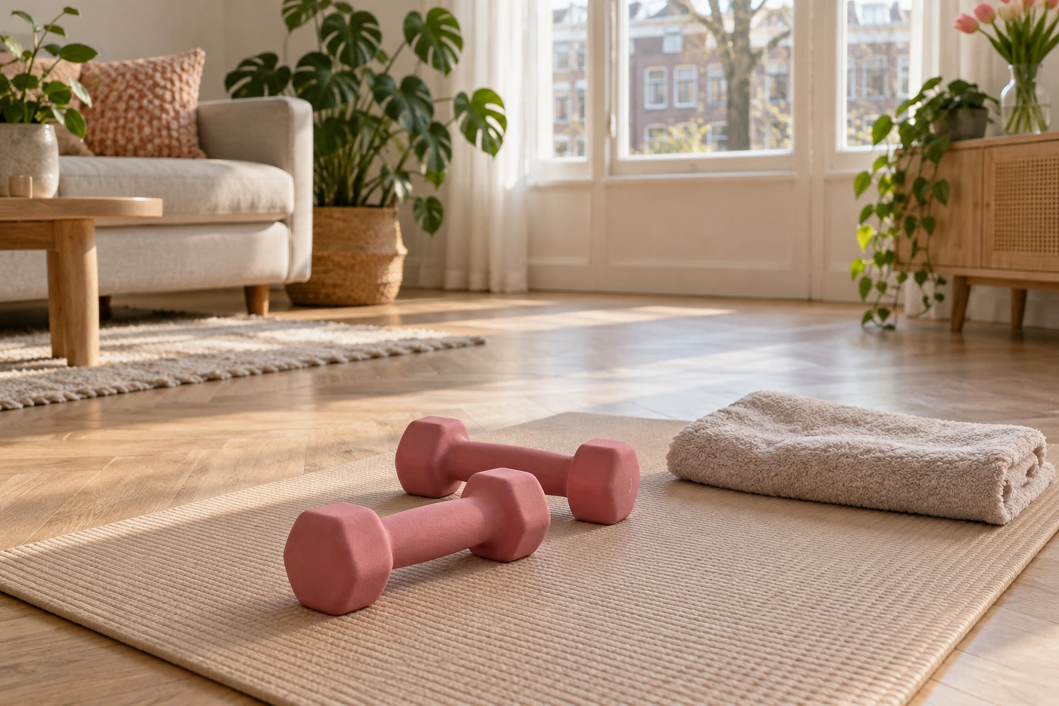 Roze dumbbells en opgerolde handdoek op yogamat in zonnige woonkamer
