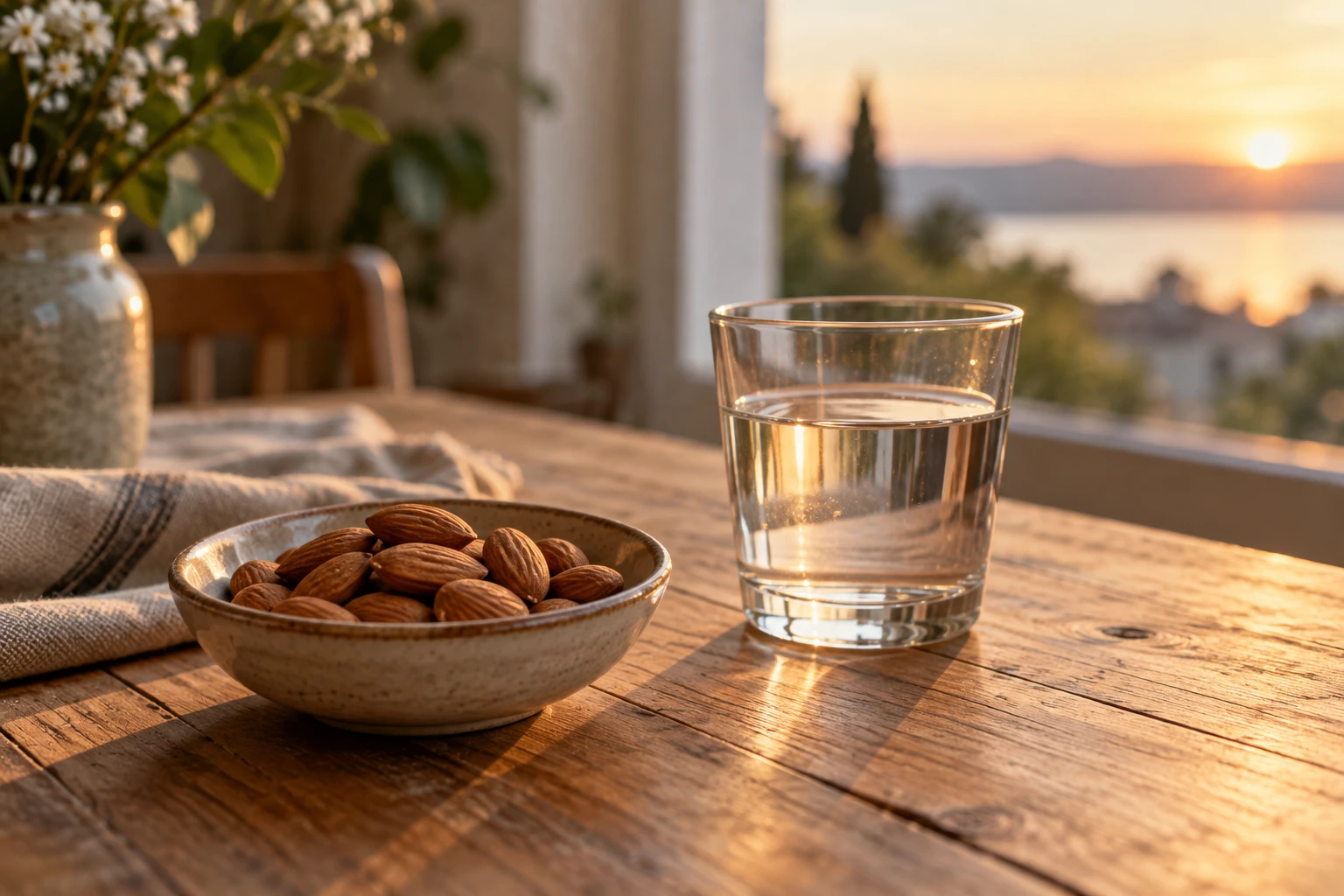 Komkommerthee en een schaaltje amandelen naast glas water bij zonsondergang