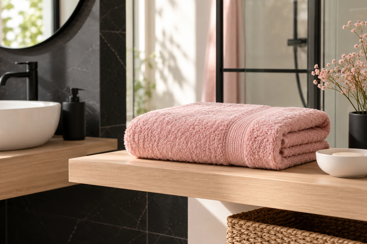 Roze opgevouwen handdoek op houten plank in moderne badkamer met wastafel en bloemen